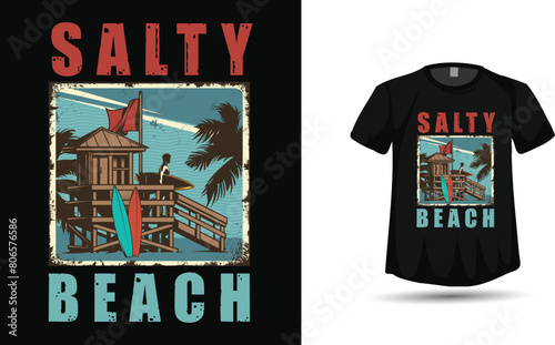 Summer tshirt design and salty beach typography shirt vector with retro style graphics (ID: 806576586)