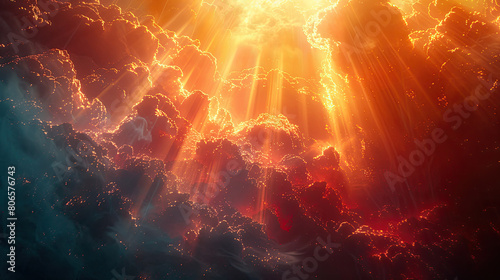 Epic fantasy, cinematic, dramatic, god rays shining through the clouds with fire and brimstone in the background. Created with AI