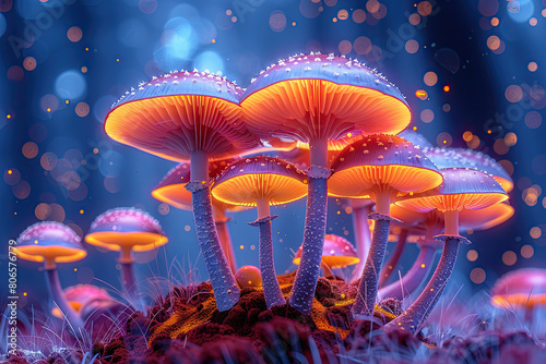  A psychedelic mushroom growing in the forest, covered with colorful dots of light. Created with Ai