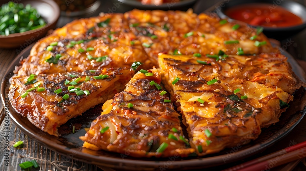 Korean Kimchi Pancake Kimchijeon 김치전, Food photography, Menu Concept, Crispy Golden, HD, Garnished with spring onions, wallpaper, background, Healthy, Banner Korean Kimchi Pancake Kimchijeon 김치전, Food photography, Menu Concept, Crispy Golden, HD, Garnished with spring onions, wallpaper, background, Healthy, Banner