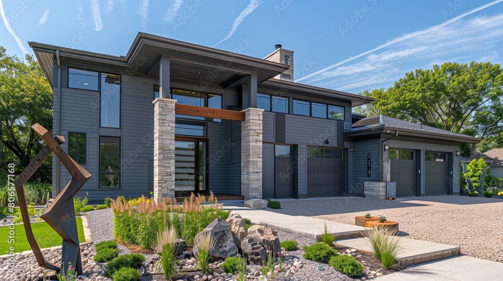 A new construction home's exterior with contemporary gray siding, stone columns, and two garages, the side yard boasting a modern sculpture garden at noon A new construction home's exterior with contemporary gray siding, stone columns, and two garages, the side yard boasting a modern sculpture garden at noon