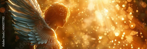 The image shows a beautiful woman with golden wings dancing in the light. She is surrounded by sparkles and looks like a goddess.