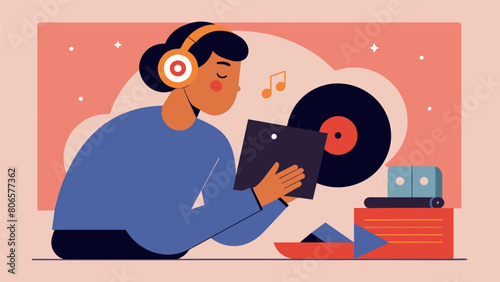 The faint scent of the paper sleeve and vinyl record wafts through the air as the listener takes in the full sensory experience of a vinyl listening Vector illustration
