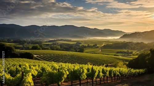 panoramic view of vineyard at sunset with mountains in background