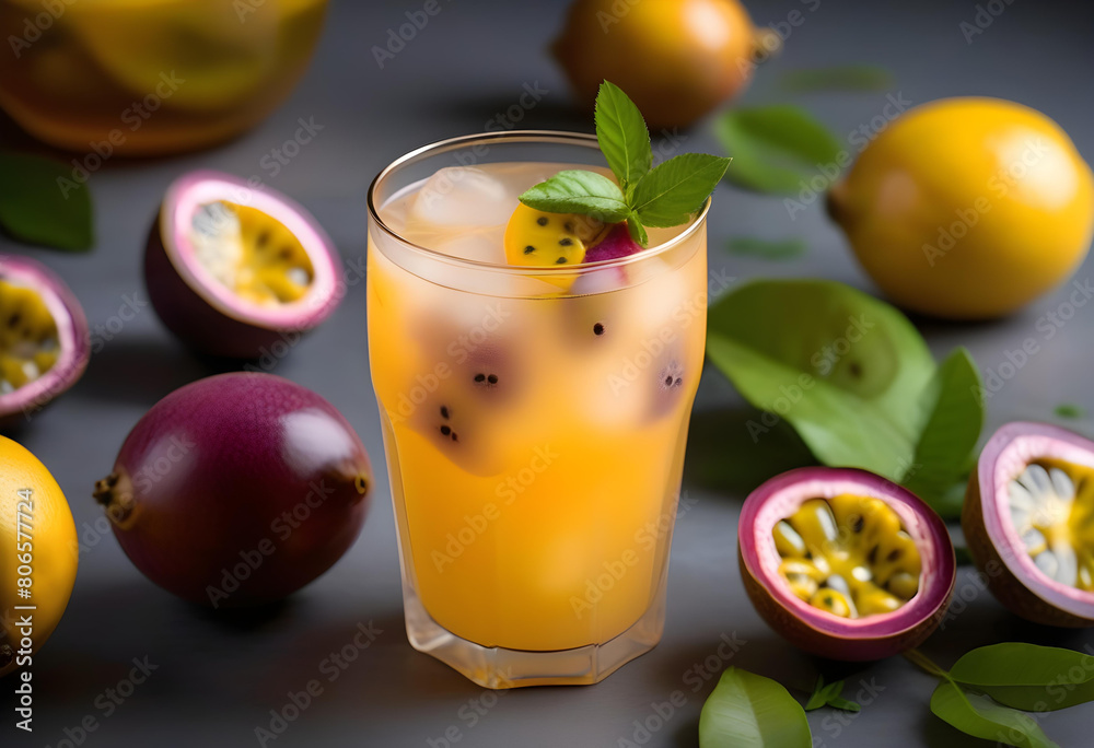 Fototapeta premium A glass of iced passion fruit soda with a lemon slice and passion fruit