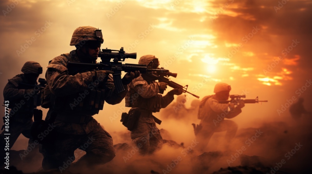 Army soldiers in fog against sunset Marine team goes into action Surrounded Army soldiers in fog against sunset Marine team goes into action Surrounded