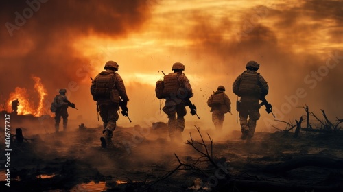 Army soldiers in fog against sunset Marine team goes into action Surrounded