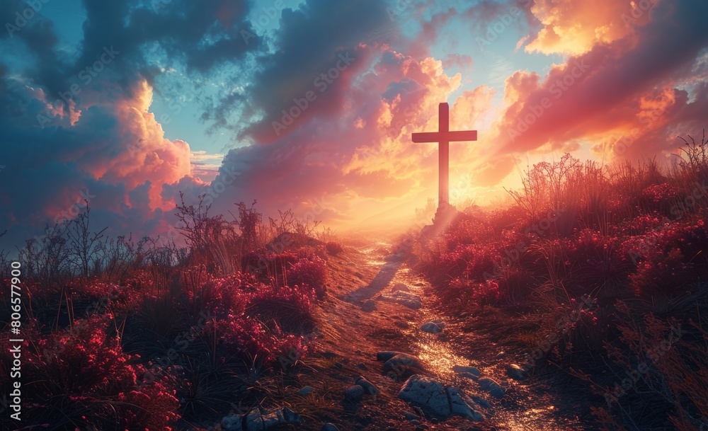 The cross on the hill with beautiful sunset sky background, Easter background, cross, 4k HD wallpaper，Dramatic Sunset Cross: Symbol of Christ's Passion Illuminated by Divine ，Crucifixion Of Jesus 