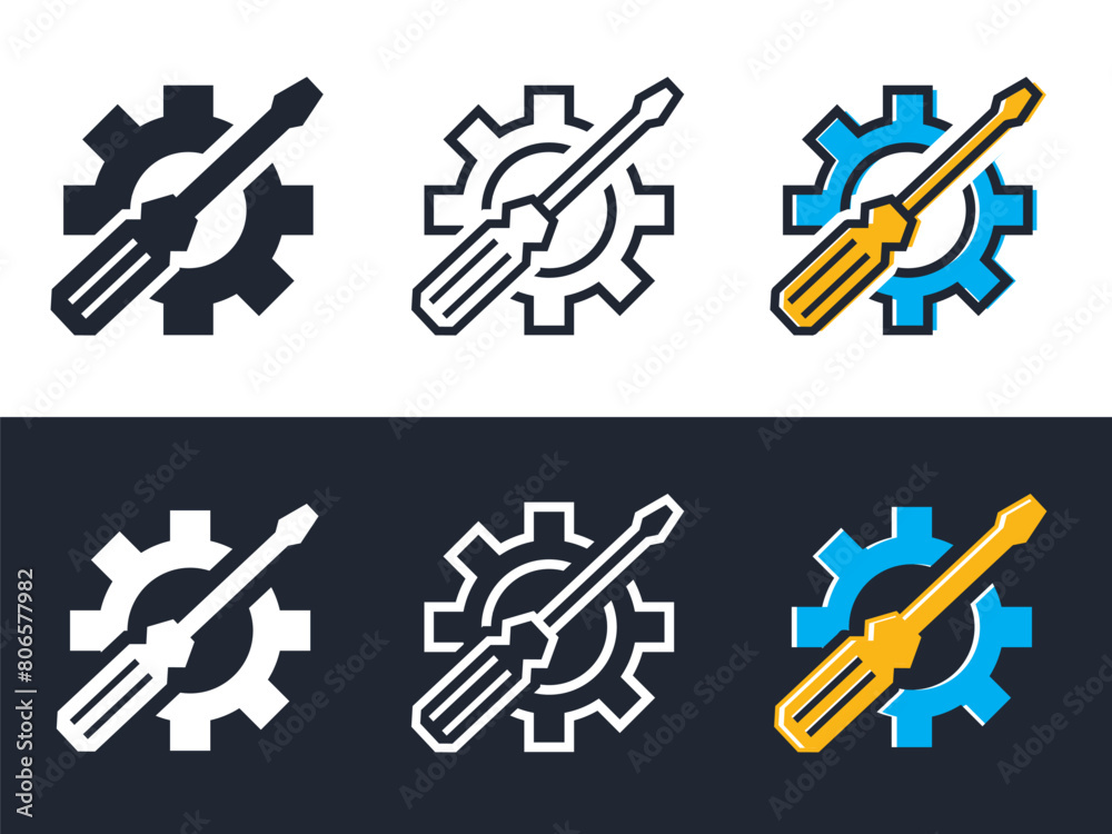 repair icon screwdriver dan gear icon on white and black background Service tool symbol, simple vector illustration, colorful design style. easy editable use for website, apps and etc.