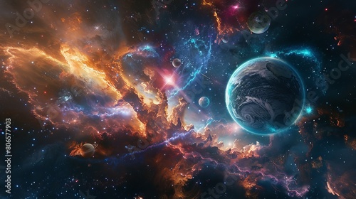 A 3D illustration of a vibrant universe with undiscovered planets. photo