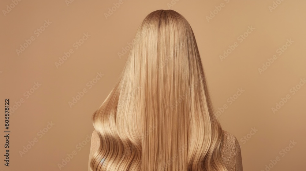 Fototapeta premium A long hair. Woman with straight blonde hair on beige background