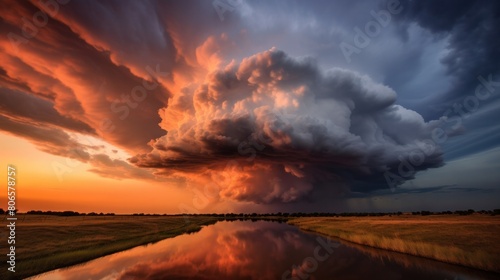 A structured supercell thunderstorm  sunset sky