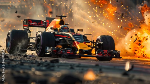 Close-up photograph of a Red Bull Formula 1 car against a dynamic, exploding background.