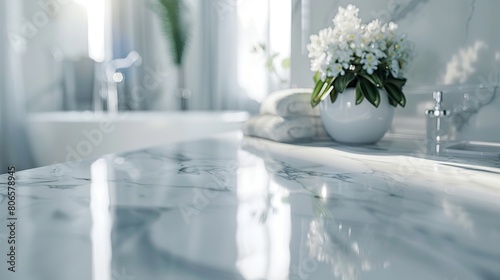 Detailed close-up of a white reflective marble countertop with a bright  luxurious bathroom in the background  rendered in high-resolution digital art.
