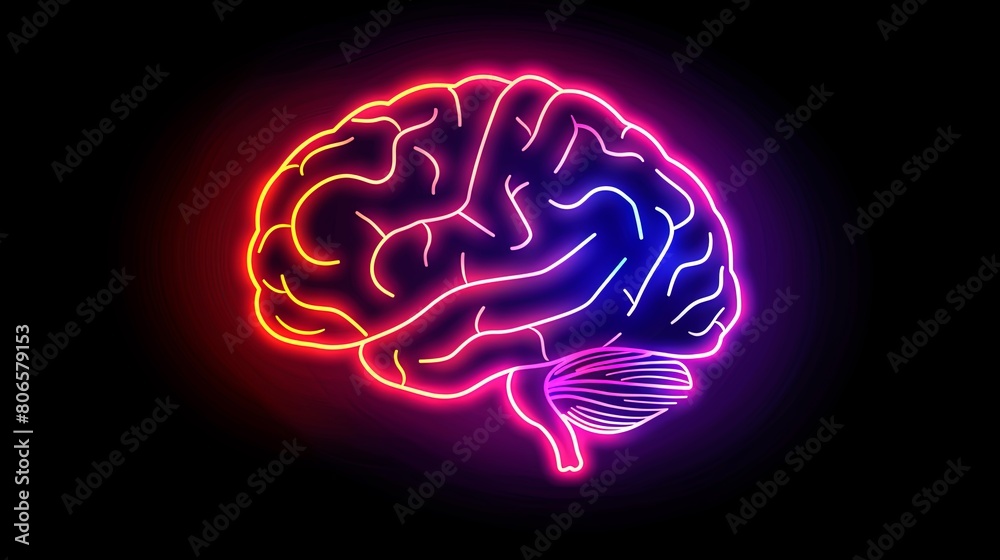 A neon outline of a human brain on a black background, Vibrant Neon Brain Illustration A neon outline of a human brain on a black background, Vibrant Neon Brain Illustration