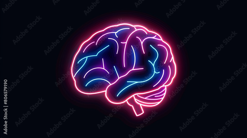 A neon outline of a human brain on a black background, Vibrant Neon Brain Illustration