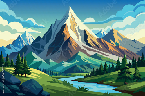 Alpine Peak Mountain Landscape with nature background illustration in cartoon style 