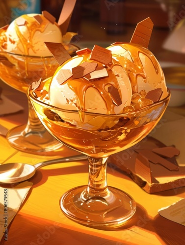 Detailed depiction of caramel ice cream garnished with freezedried almond slivers and chocolate shavings, in a chilled glass dish photo