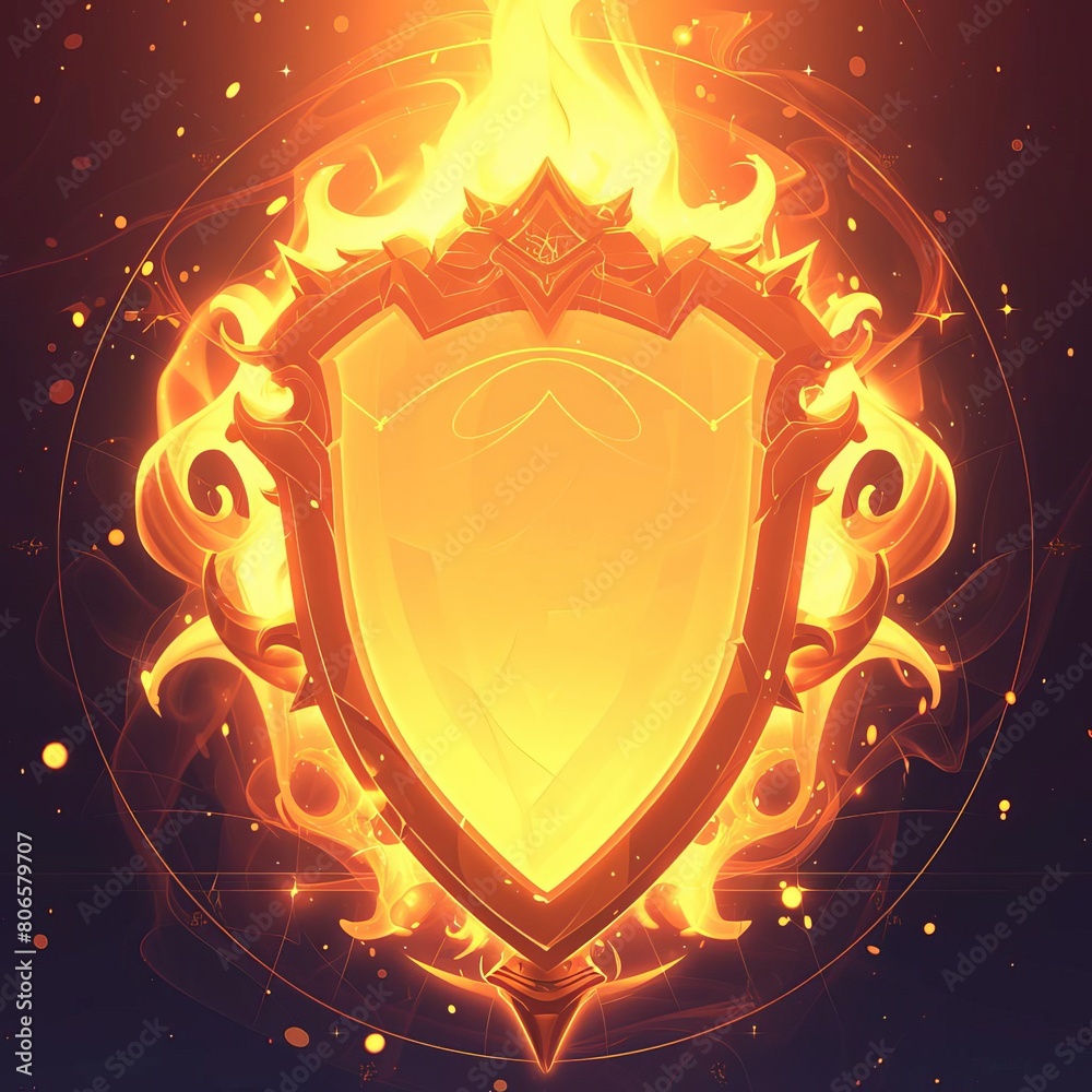 Fototapeta premium Magical shield vector design, surrounded by mystical fire elements, protecting a mythical city from heat in a fantasy realm