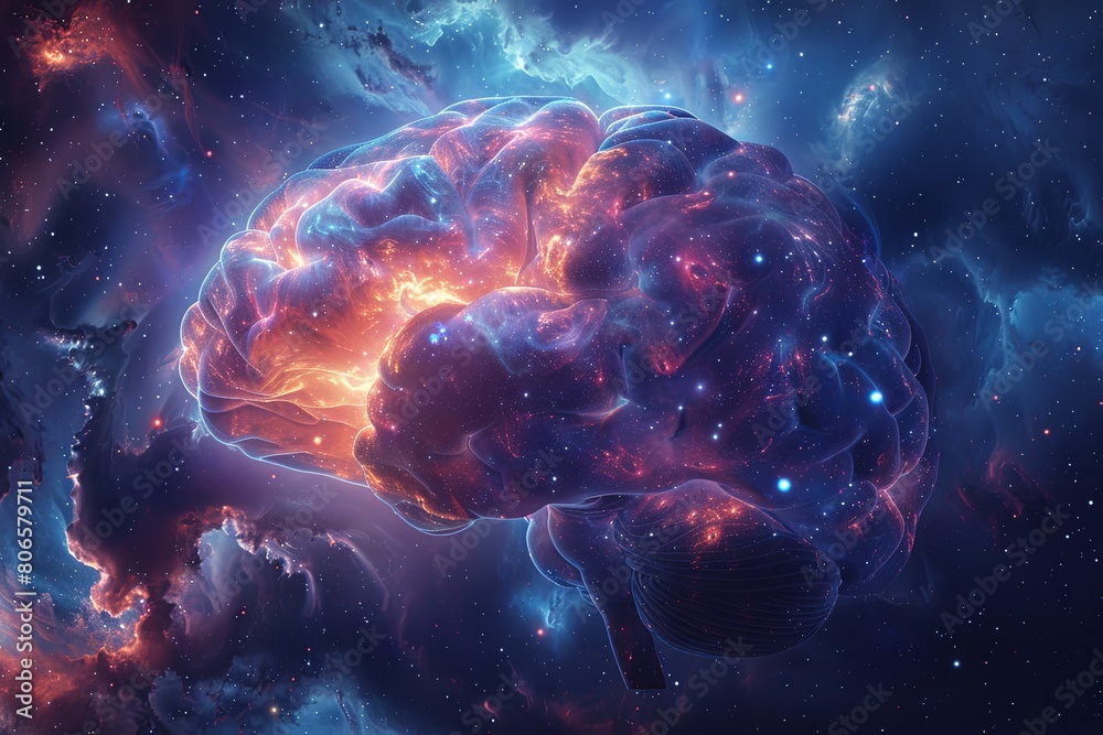 A human brain blended with a cosmic nebula.