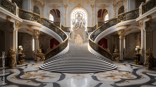 Opulent opera house foyer with marble staircases, gold leaf details, and a crystal chandelier,