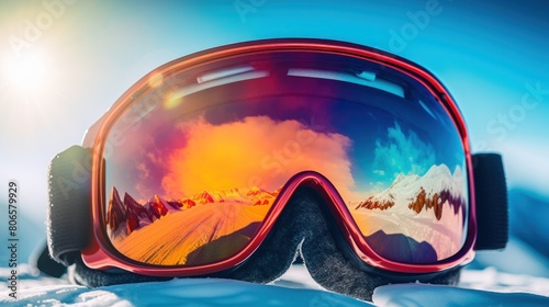 A man's ski goggles with reflection of snow-covered ski field. wearing ski goggles winter sports