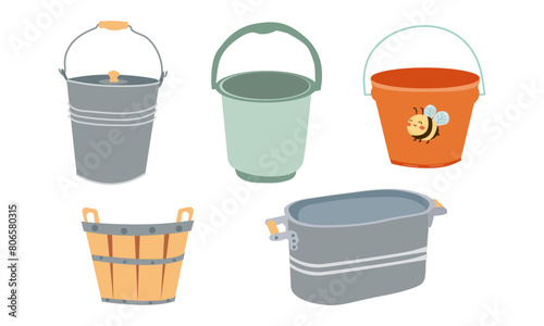 Basin, bucket icons. Plastic, metal, wooden washbowl and pails isolated. Vector. Set water containers for garden , farm or wash on white background. Flat design. Colorful cartoon illustration.