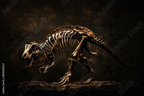 An artistic interpretation of an Allosaurus skeleton illuminated by soft  dramatic spotlighting against a dark background  focusing on the beauty of its skeletal architecture