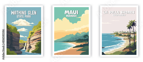 Watkins Glen, Maui, La Jolla Shores Illustration Art. Travel Poster Wall Art. Minimalist Vector art