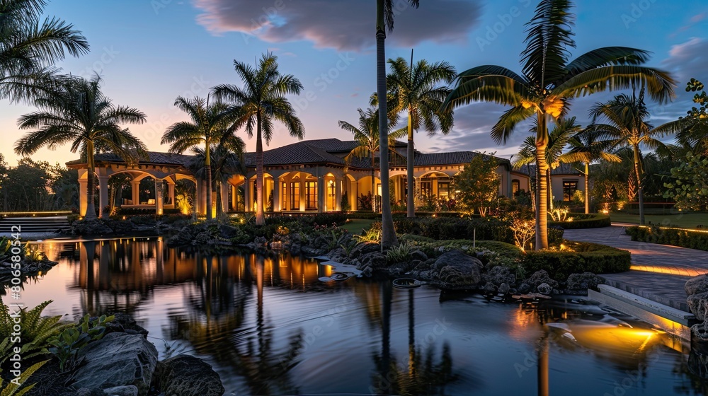 A villa's exterior at twilight, with landscape lighting highlighting the palm trees and water features A villa's exterior at twilight, with landscape lighting highlighting the palm trees and water features