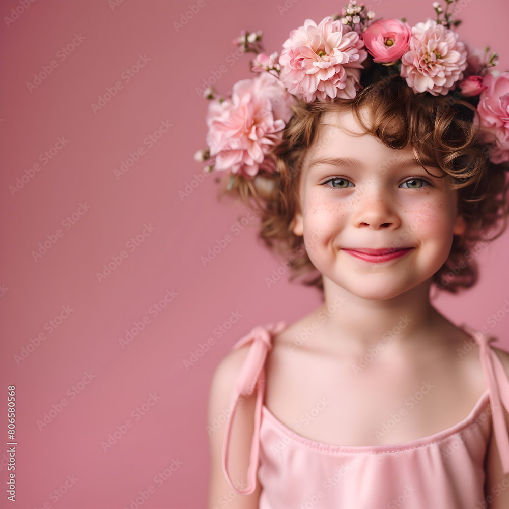 Creative fashion Concept. Closeup portrait of smiling curly hair freckled radiant shiny face child wearing wreath of blooming spring fresh flowers floral on pastel pink background. copy text space	
