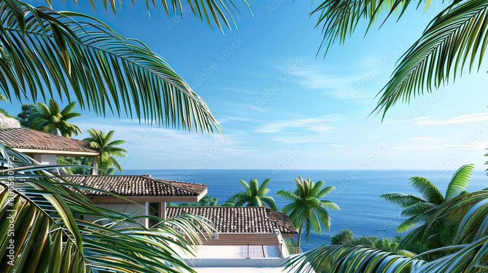 Fototapeta premium A villa's exterior with a rooftop terrace, palm trees in the foreground against a backdrop of the ocean