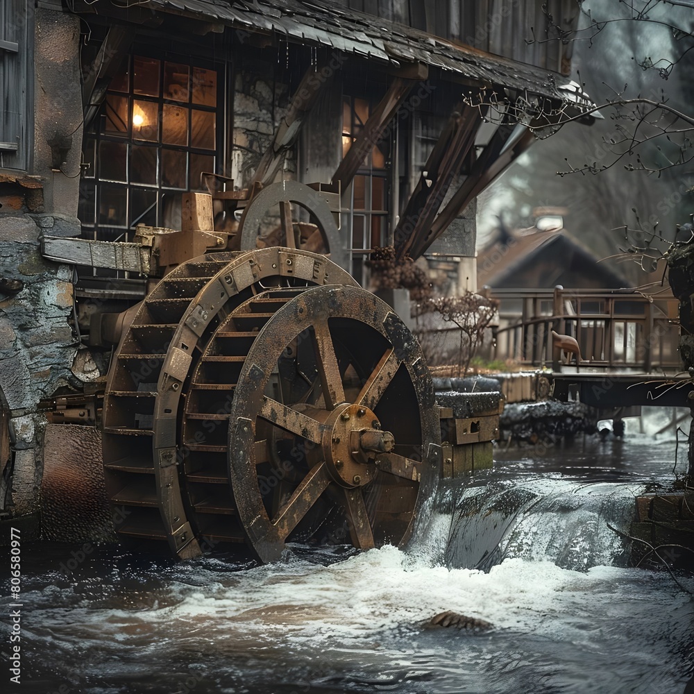 The old watermill is located in a beautiful valley. The watermill is surrounded by lush trees and flowers.