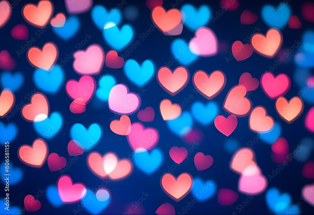 A blurred background with blue and pink bokeh hearts