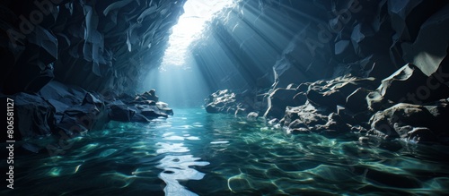 Underwater cave with sun rays coming through.