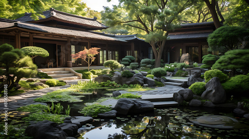 Peaceful monastery garden with stone paths, meditation benches, and a koi pond, photo