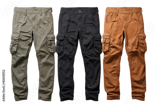 Triad of Vibrant Cargo: Three Mens Cargo Pants in Different Colors on White or PNG Transparent Background.