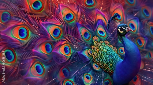 Enchanting Peacock Feathers. Vibrant Colors and Intricate Patterns in Digital Art Style.