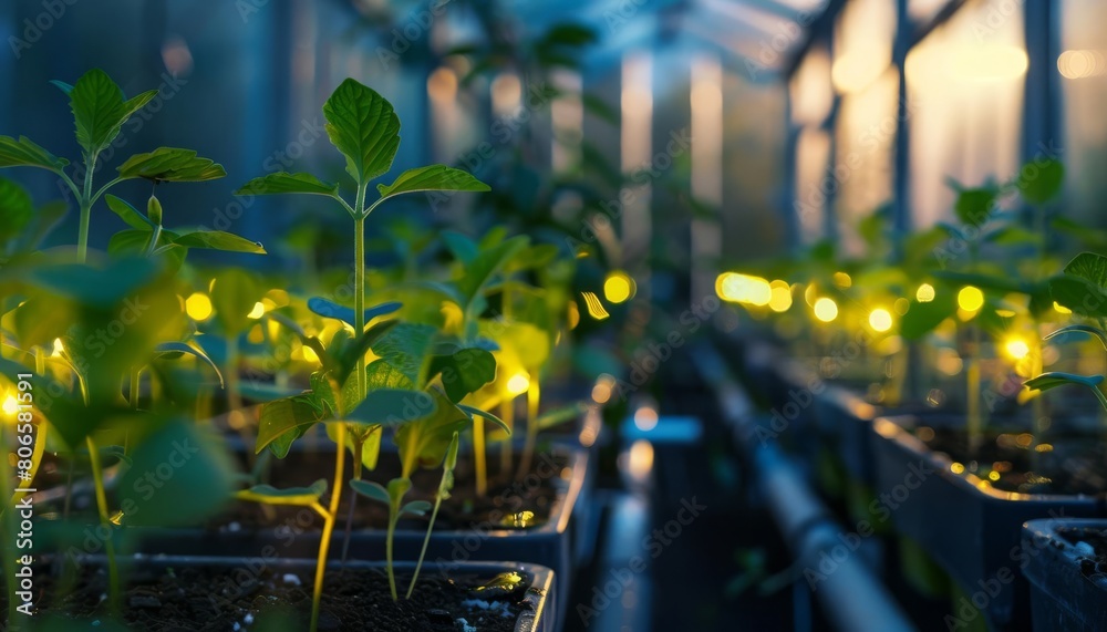 Naklejka premium A biotech greenhouse where scientists cultivate genetically engineered plants with luminescent leaves