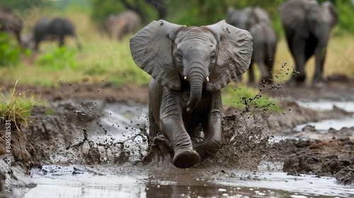 A baby elephant splashing around in a mud puddle, rolling joyfully as its herd watches