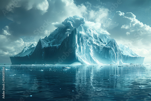 A massive iceberg floating in the ocean. Created with Ai