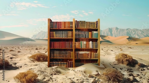 A bookshelf in the middle of a desert, with travelers finding oasislike knowledge between its covers photo