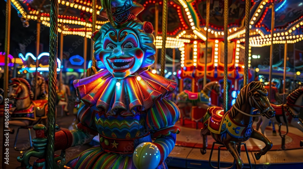 Fototapeta premium A brightly colored robot clown with steam vents juggling neonlit balls on a steampunk carousel