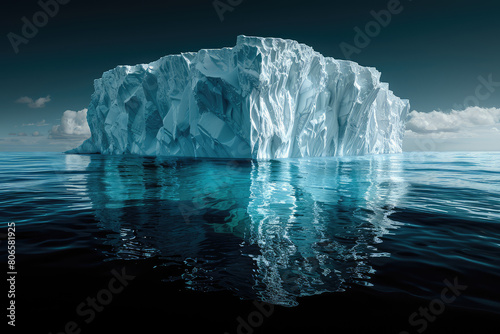 A large, white iceberg floated in the dark blue sea. The smooth ice reflected light from above. Created with AI