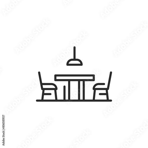 Dining table icon. Depicts a simple minimalist dining table and chairs with a hanging light fixture, perfect for visuals related to homes, kitchens, and dining areas. Vector illustration