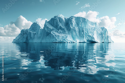 Ultrarealistic, high resolution image of an iceberg floating in the ocean, with clear blue water and clouds overhead. Created with Ai © studio