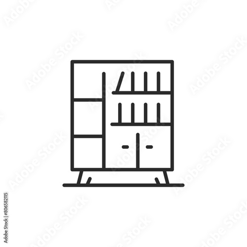 Bookcase icon. Contemporary minimalist bookcase with variously sized shelves and books, perfect for depicting organization and storage solutions in home and office spaces. Vector illustration.
