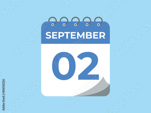 September  2 calendar reminder. 2 September  daily calendar icon template. Calendar 2 September  icon Design template. Vector illustration
