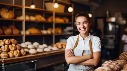 A female baker stands in production of desserts. The happy owner of a small candy shop smiles proudly at her shop.