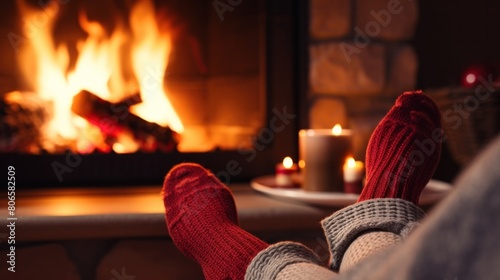 Feet in woolen socks by the Christmas fireplace, a glass of hot drink. © ORG